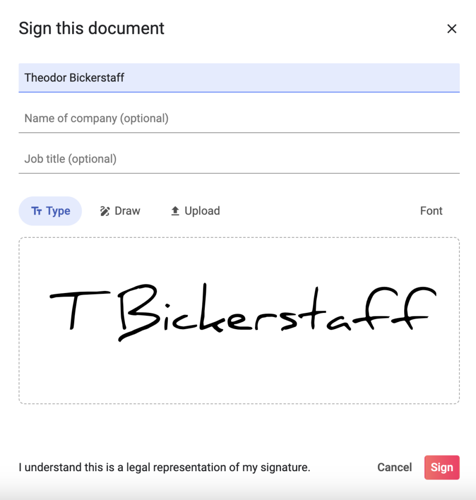 View of the e-signature functionality in Concord contract management software. You can see a screen with fields for someone's name and surname, name of their company, and job title. Below is a window for the e-signature, which can be typed, drawn or uploaded. At the bottom there are buttons to cancel or to sign.